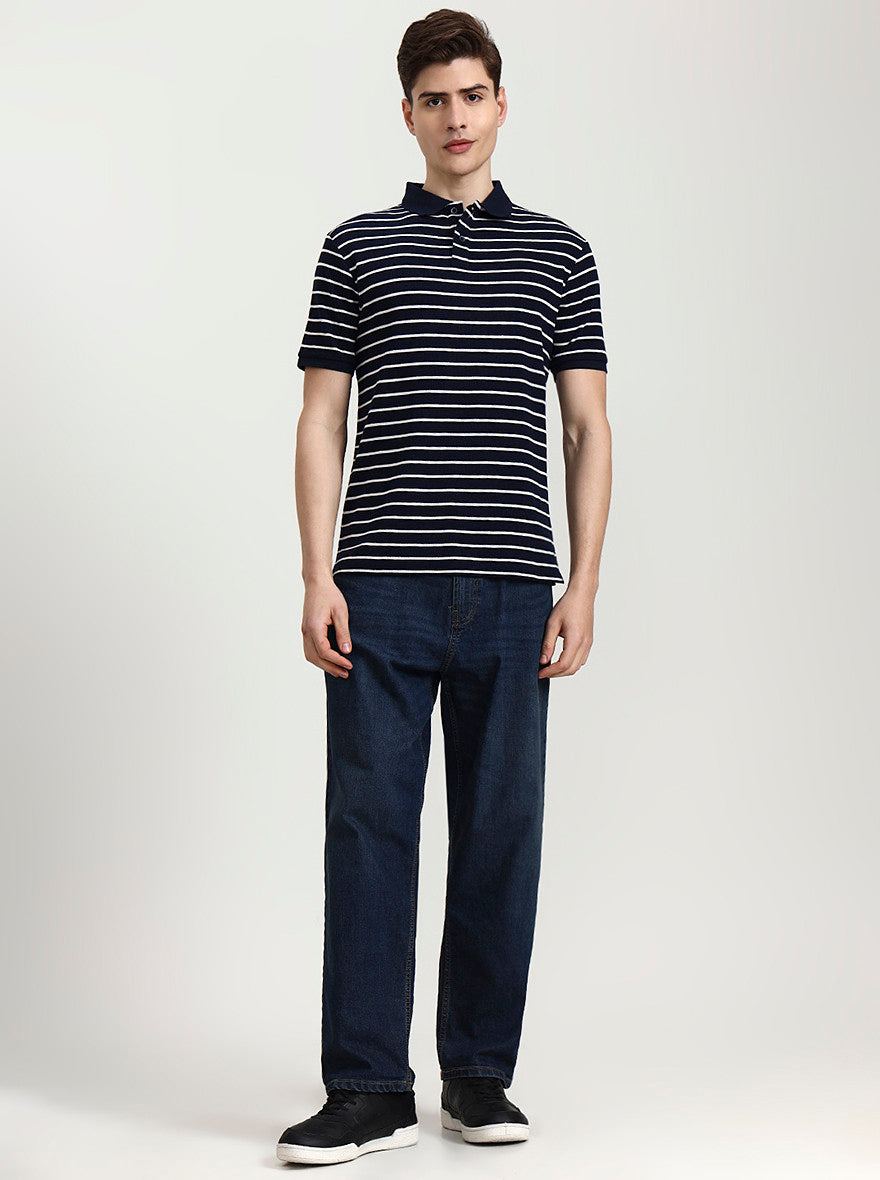 Navy Blue & White Striped Slim Fit Polo T-Shirt | Greenfibre