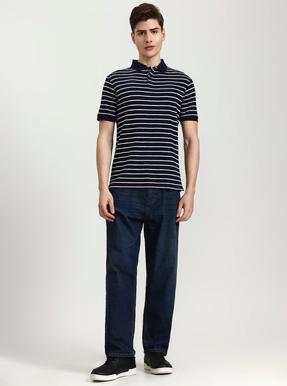 Navy Blue & White Striped Slim Fit Polo T-Shirt | Greenfibre