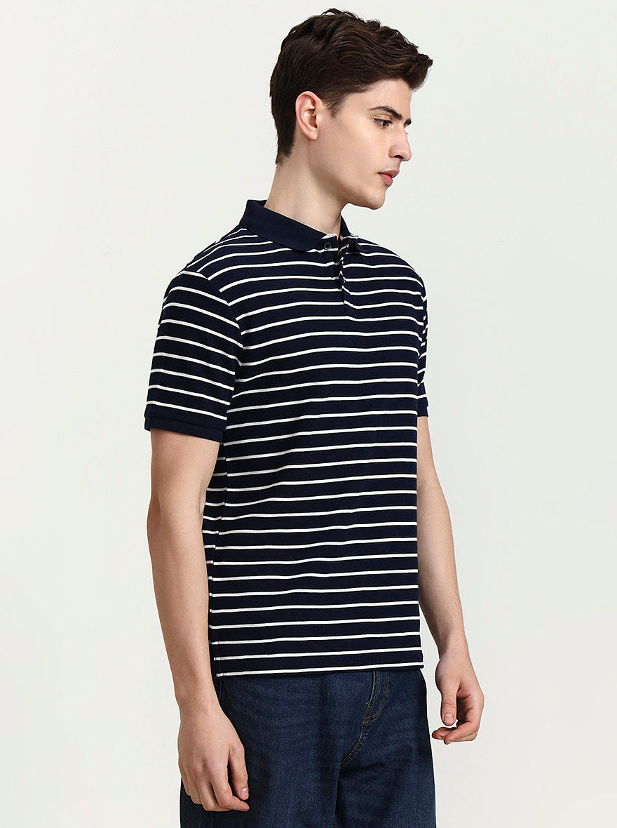 Navy Blue & White Striped Slim Fit Polo T-Shirt | Greenfibre