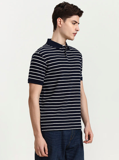 Navy Blue & White Striped Slim Fit Polo T-Shirt | Greenfibre