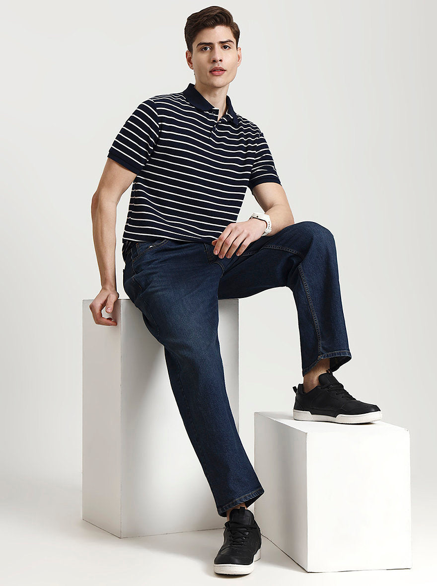 Navy Blue & White Striped Slim Fit Polo T-Shirt | Greenfibre