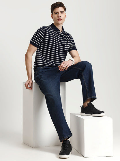 Navy Blue & White Striped Slim Fit Polo T-Shirt | Greenfibre