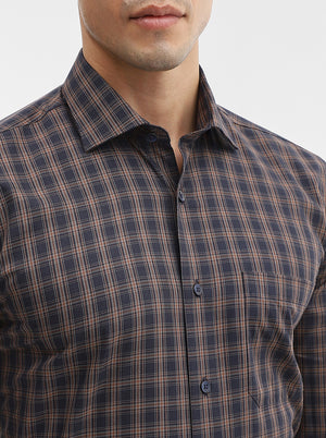 Blue & Brown Checked Slim Fit Formal Shirt | Metal