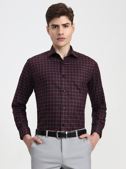 Wine Checked Slim Fit Formal Shirt | Metal