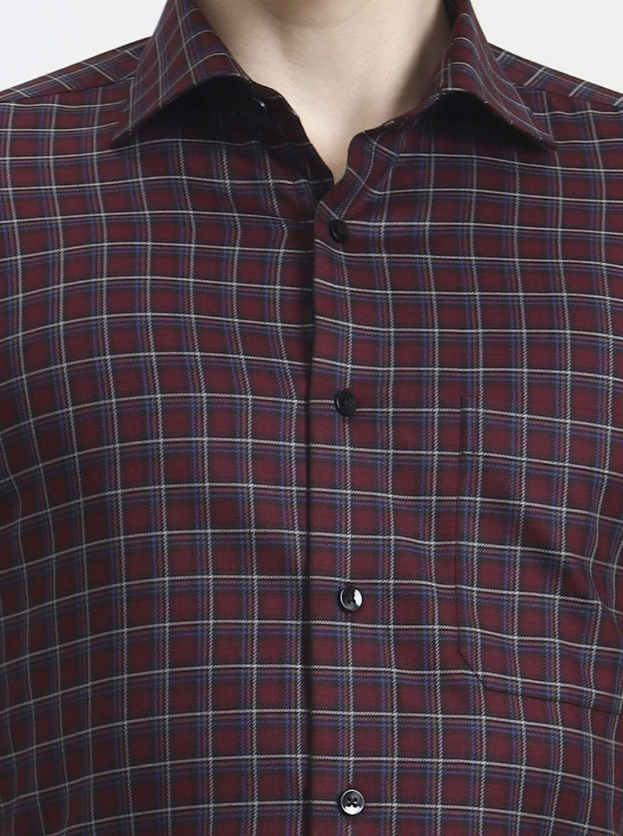 Wine Checked Slim Fit Formal Shirt | Metal