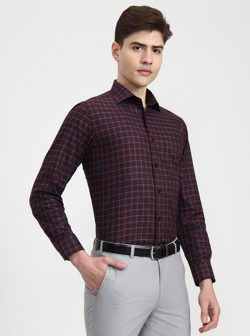 Wine Checked Slim Fit Formal Shirt | Metal