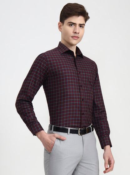 Wine Checked Slim Fit Formal Shirt | Metal