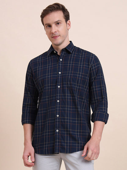 Navy Blue Checked Tailored Fit Semi Casual Shirt | JadeBlue