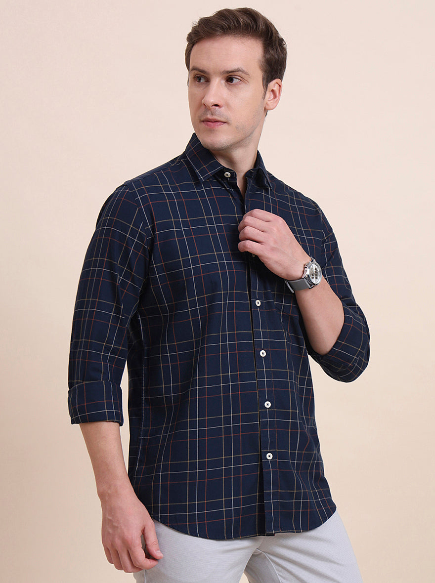 Navy Blue Checked Tailored Fit Semi Casual Shirt | JadeBlue