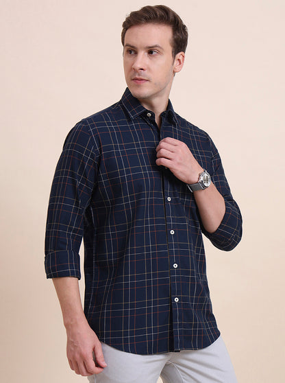 Navy Blue Checked Tailored Fit Semi Casual Shirt | JadeBlue