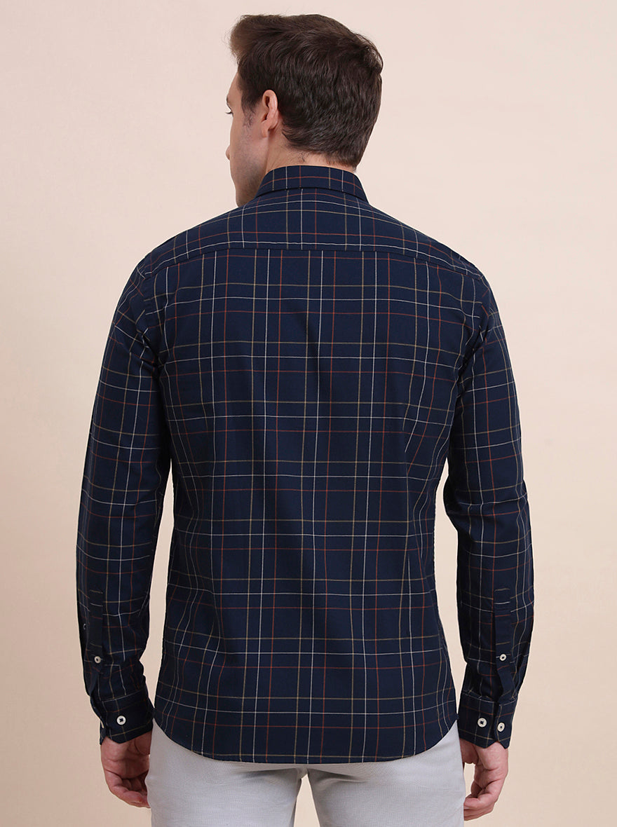 Navy Blue Checked Tailored Fit Semi Casual Shirt | JadeBlue