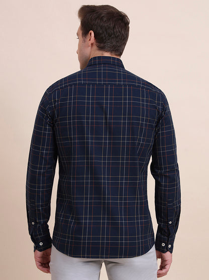 Navy Blue Checked Tailored Fit Semi Casual Shirt | JadeBlue