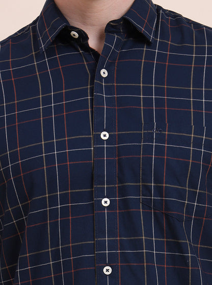 Navy Blue Checked Tailored Fit Semi Casual Shirt | JadeBlue