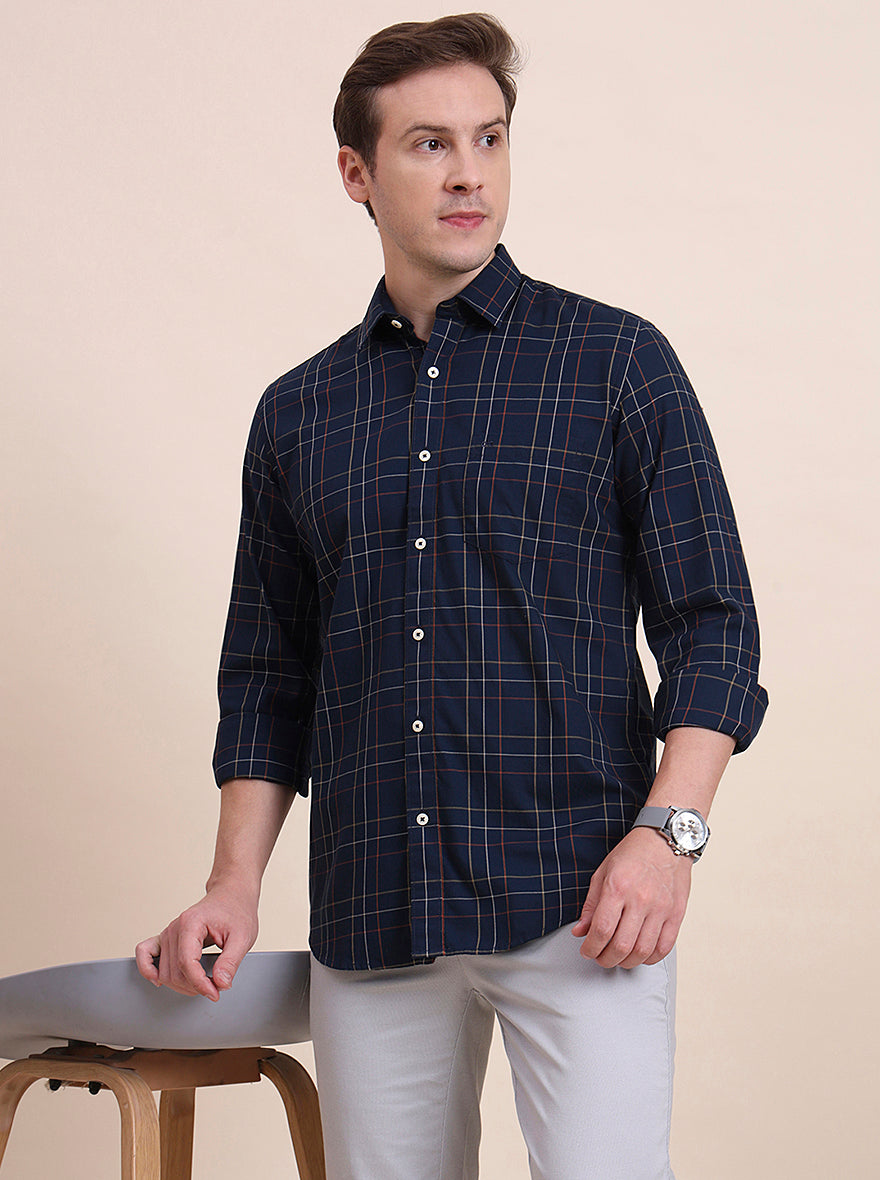 Navy Blue Checked Tailored Fit Semi Casual Shirt | JadeBlue