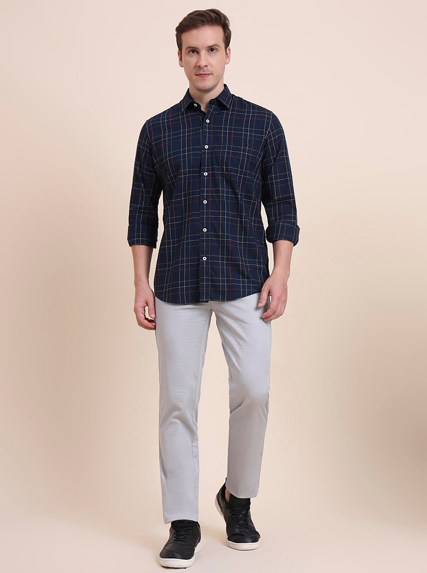 Navy Blue Checked Tailored Fit Semi Casual Shirt | JadeBlue