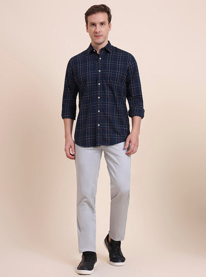 Navy Blue Checked Tailored Fit Semi Casual Shirt | JadeBlue