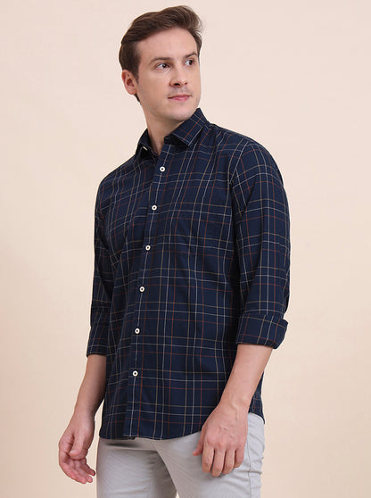 Navy Blue Checked Tailored Fit Semi Casual Shirt | JadeBlue