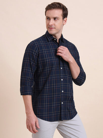 Navy Blue Checked Tailored Fit Semi Casual Shirt | JadeBlue