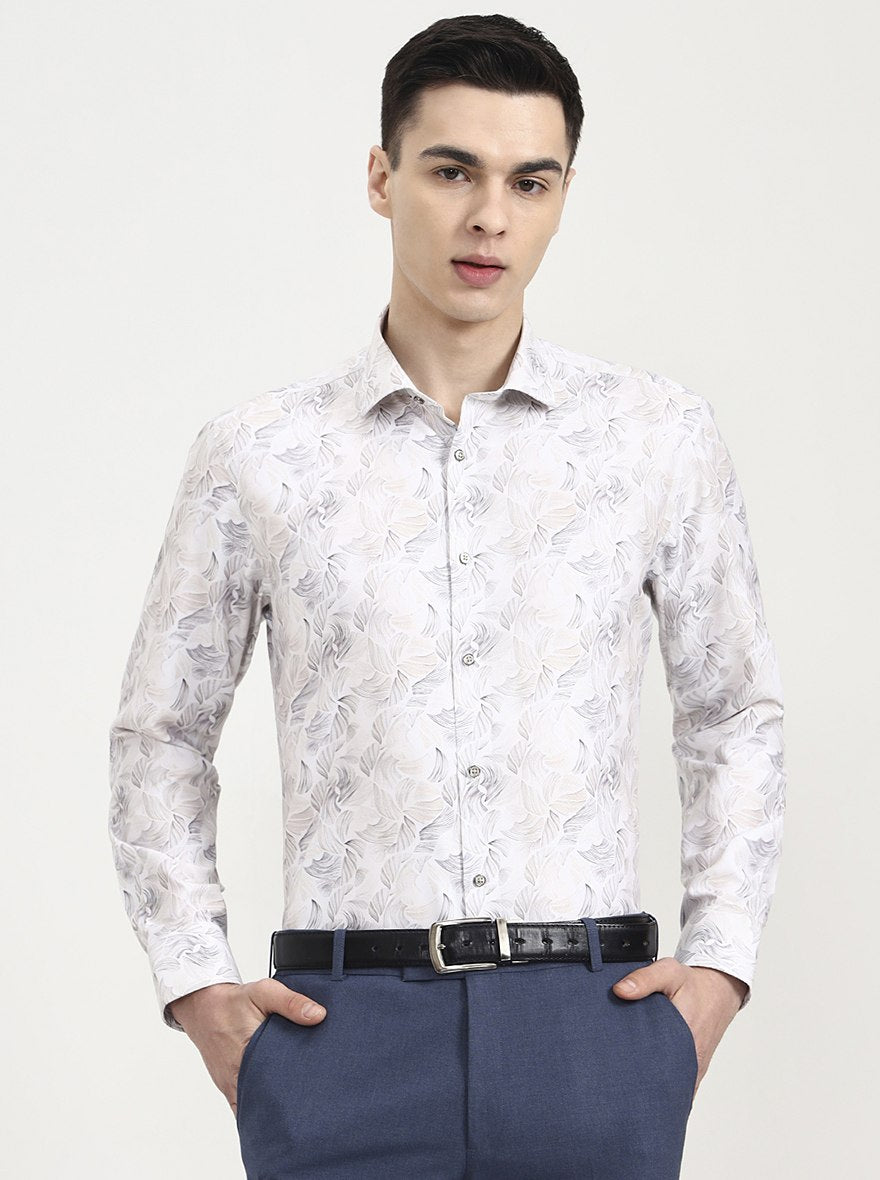 White & Beige Printed Slim Fit Party Wear Shirt | Greenfibre