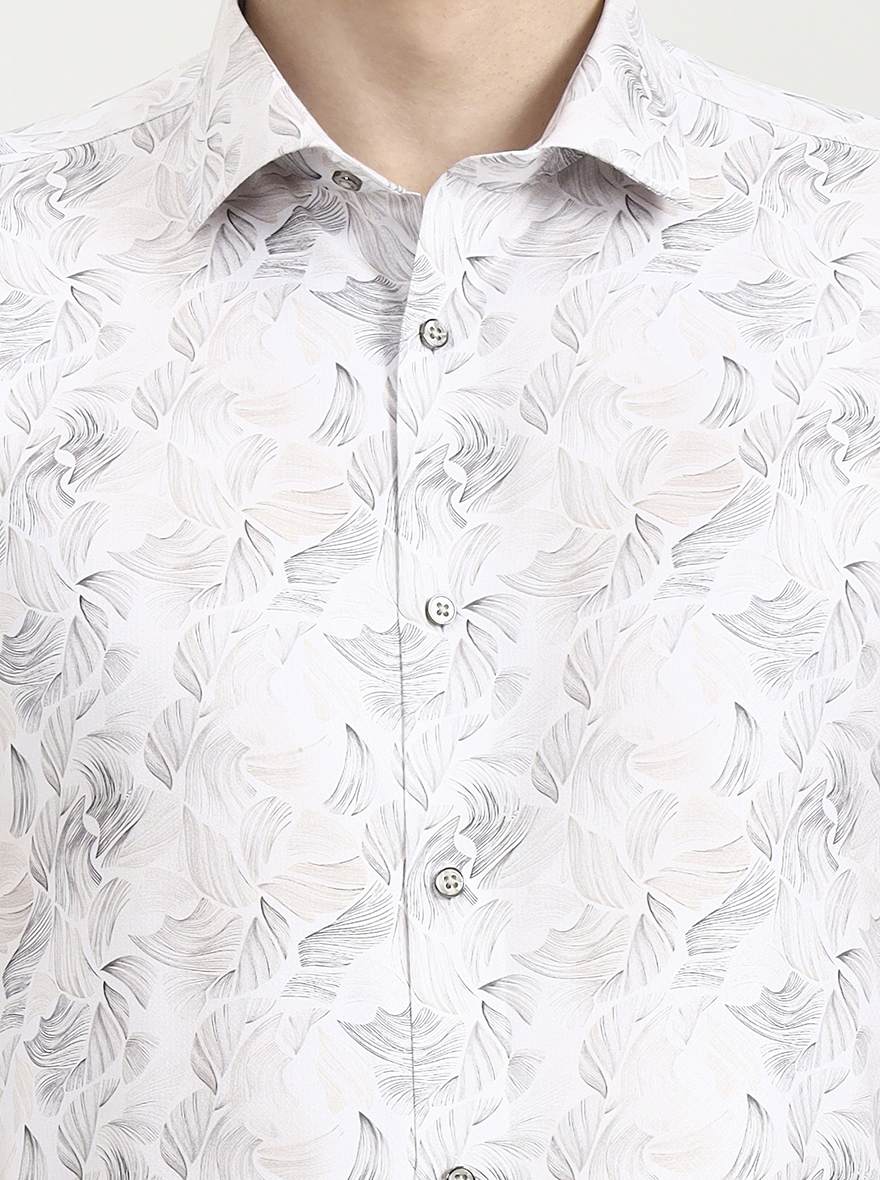 White & Beige Printed Slim Fit Party Wear Shirt | Greenfibre