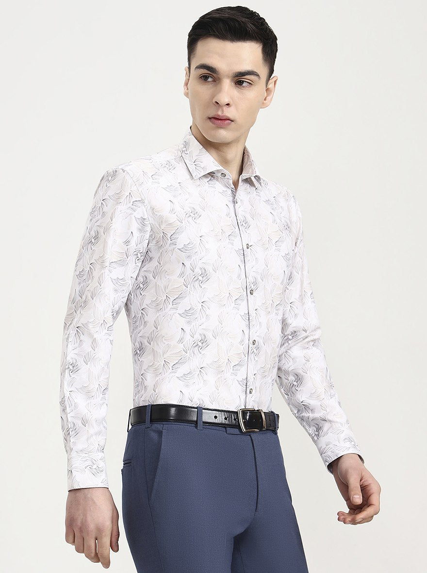 White & Beige Printed Slim Fit Party Wear Shirt | Greenfibre