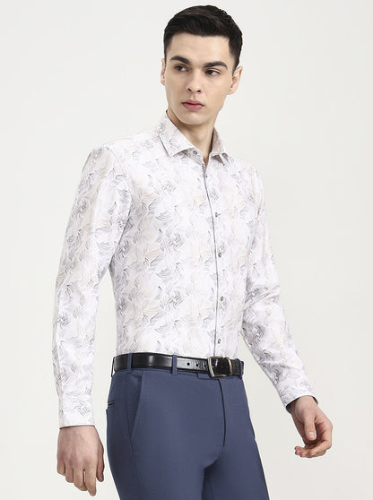 White & Beige Printed Slim Fit Party Wear Shirt | Greenfibre