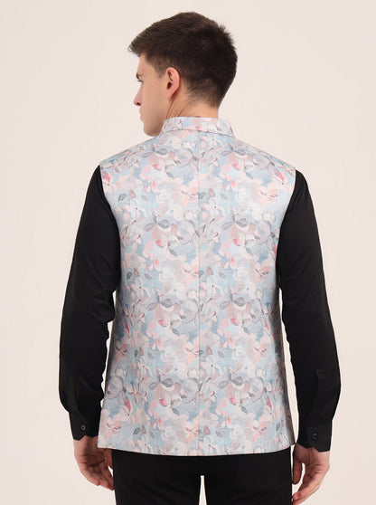 Sky Blue Printed Regular Fit Bandhgala Jacket | JB Studio