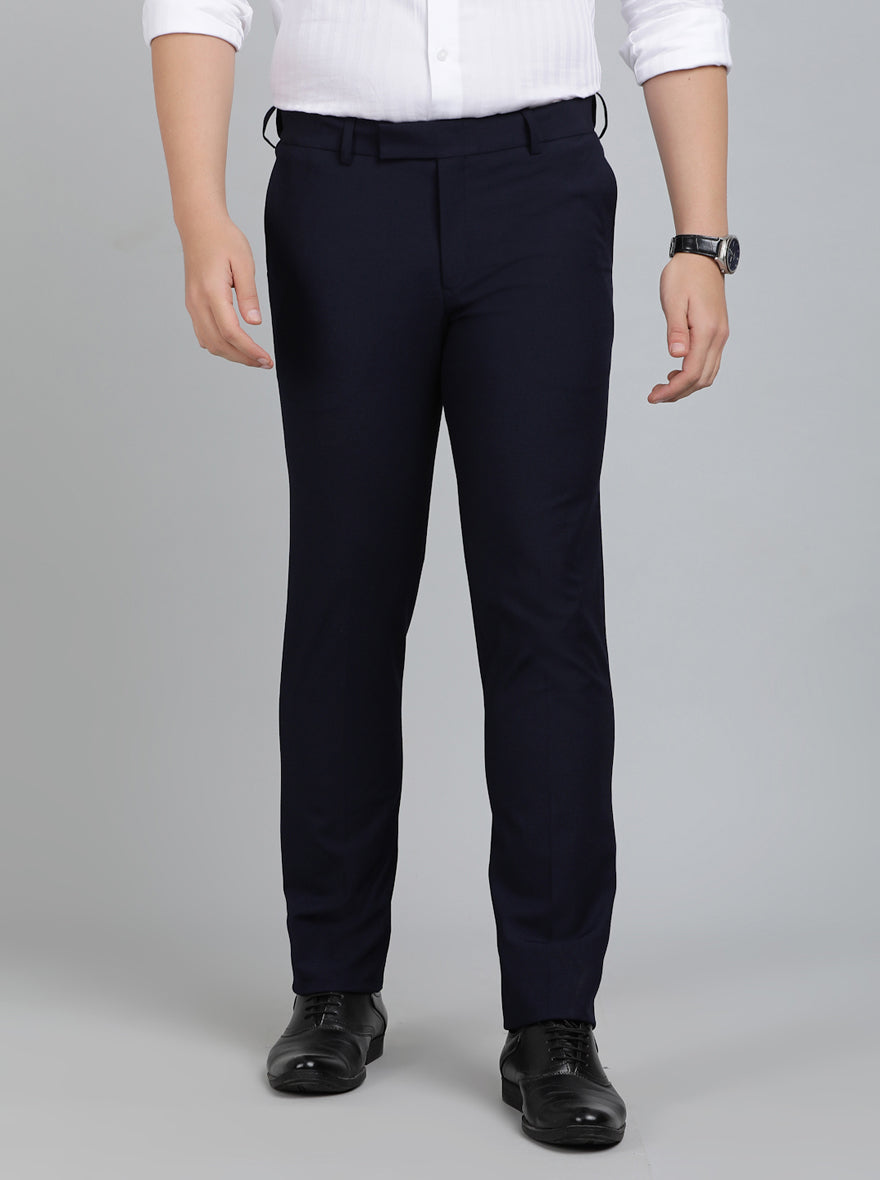 Navy Blue Solid Slim Fit Formal Trouser | Metal