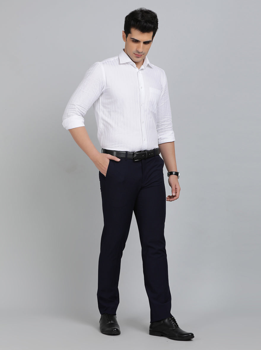 Navy Blue Solid Slim Fit Formal Trouser | Metal