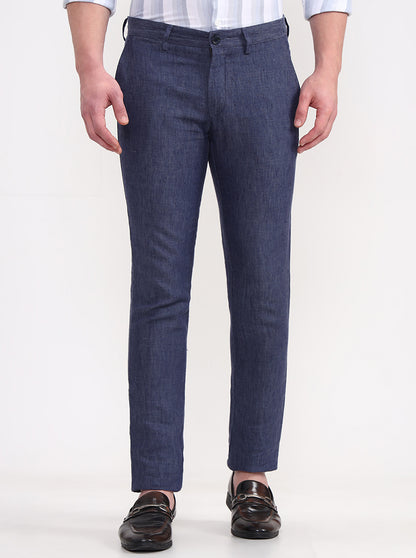 Blue Solid Uno Fit Casual Trouser | JadeBlue