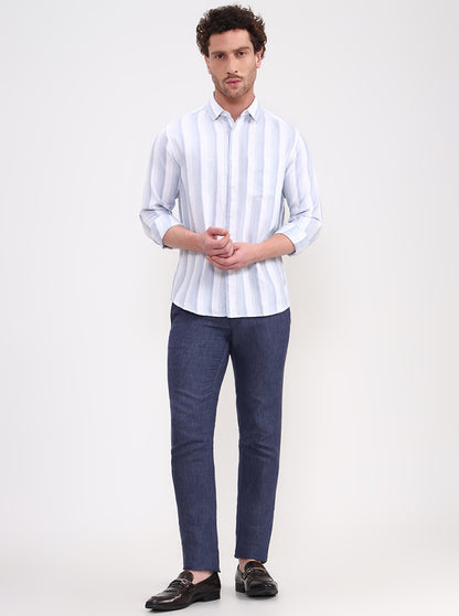 Blue Solid Uno Fit Casual Trouser | JadeBlue