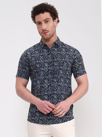 Navy Blue Printed Slim Fit Casual Shirt | JadeBlue