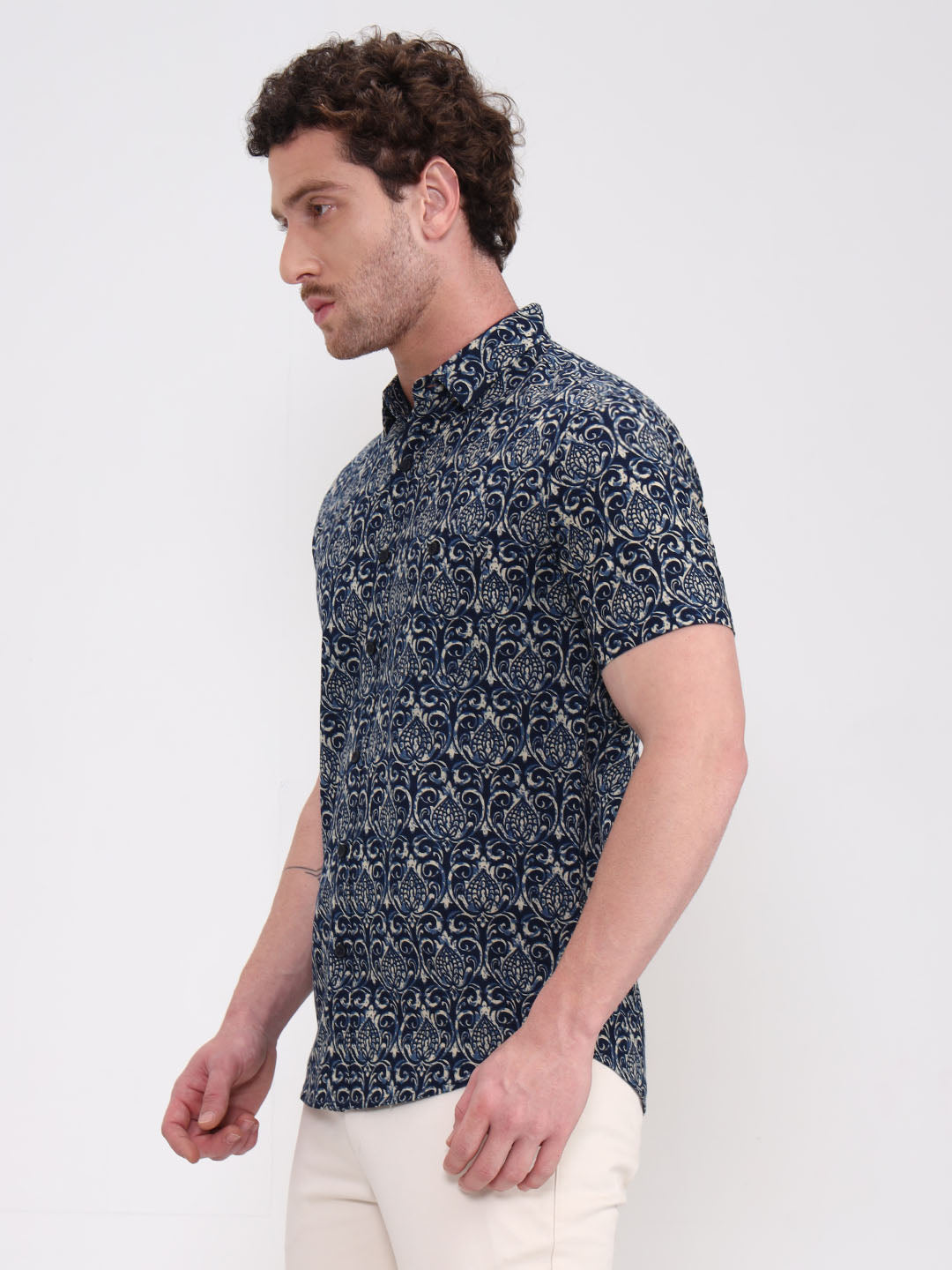 Navy Blue Printed Slim Fit Casual Shirt | JadeBlue