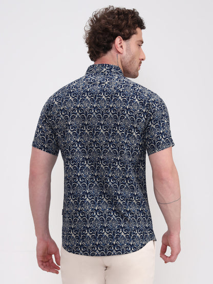 Navy Blue Printed Slim Fit Casual Shirt | JadeBlue