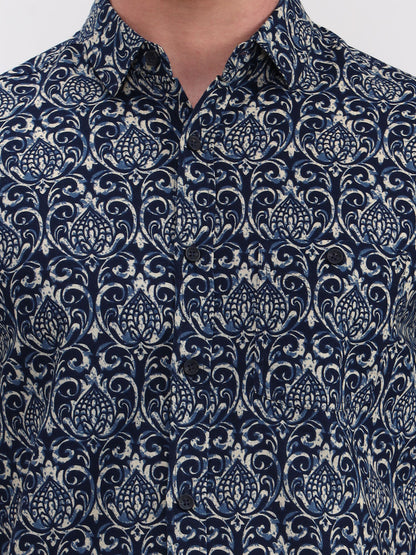 Navy Blue Printed Slim Fit Casual Shirt | JadeBlue
