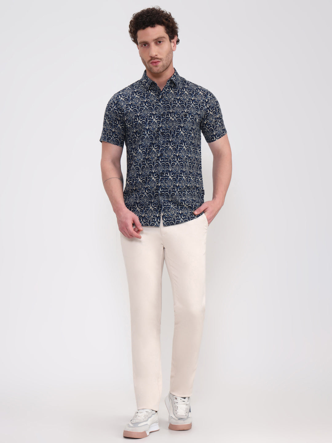 Navy Blue Printed Slim Fit Casual Shirt | JadeBlue
