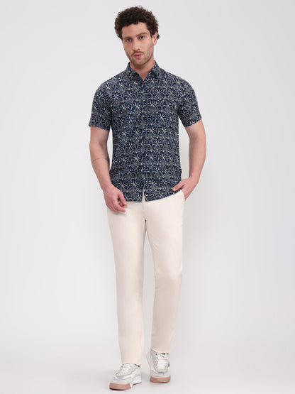 Navy Blue Printed Slim Fit Casual Shirt | JadeBlue