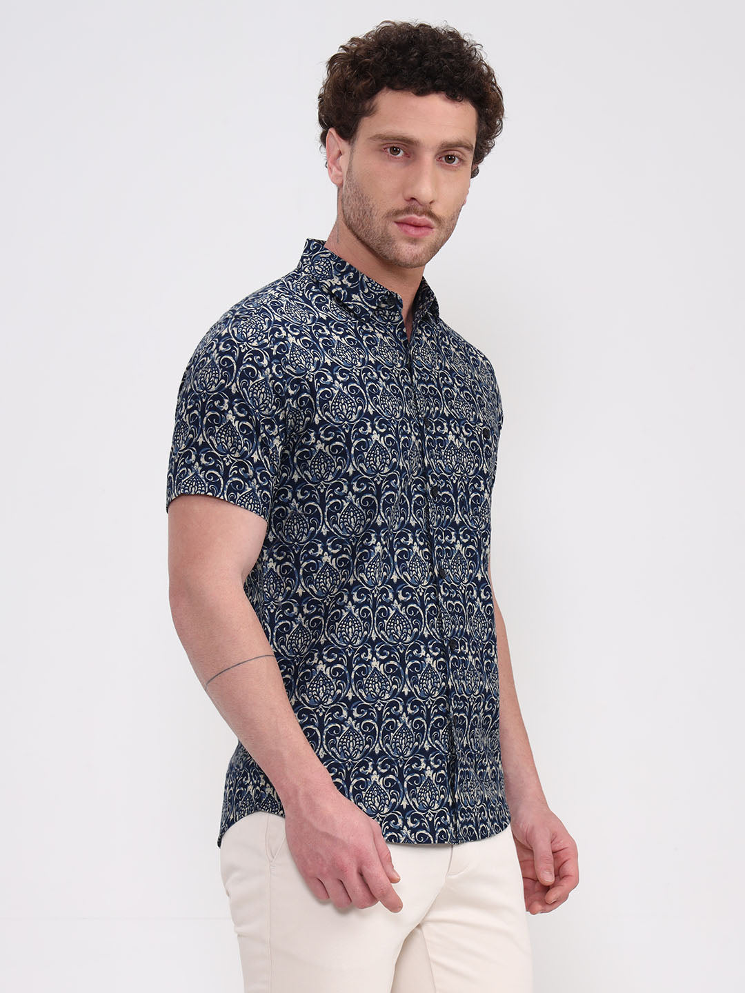 Navy Blue Printed Slim Fit Casual Shirt | JadeBlue