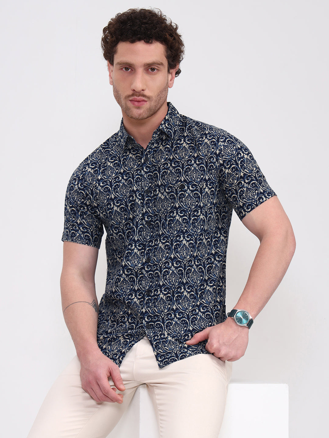 Navy Blue Printed Slim Fit Casual Shirt | JadeBlue