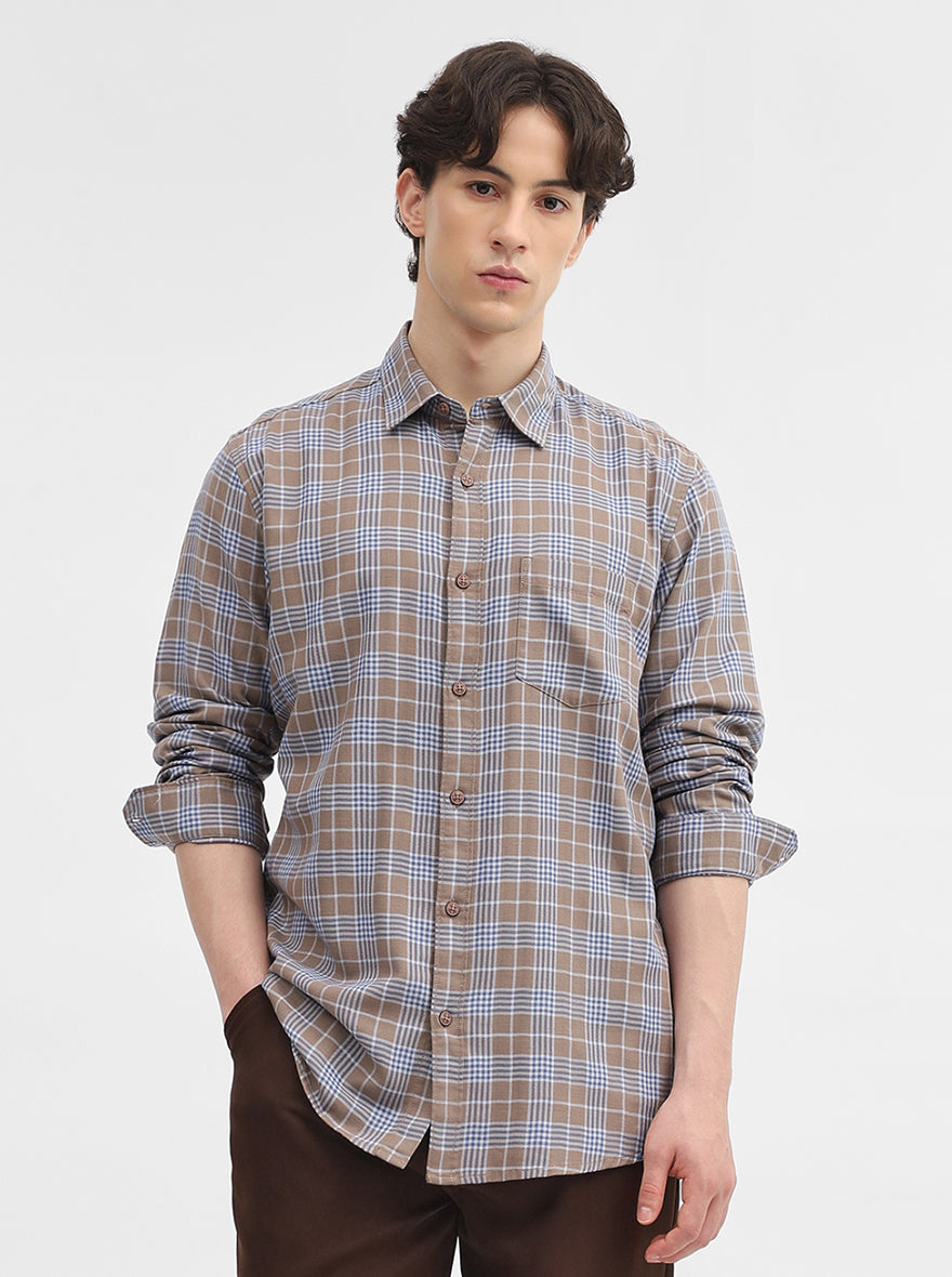 Kahki & Blue Checked Slim Fit Casual Shirt | JadeBlue