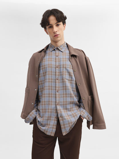 Kahki & Blue Checked Slim Fit Casual Shirt | JadeBlue