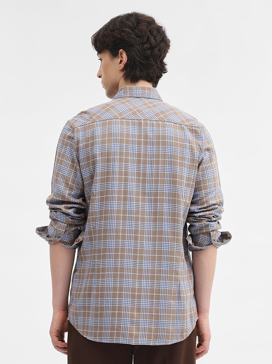 Kahki & Blue Checked Slim Fit Casual Shirt | JadeBlue