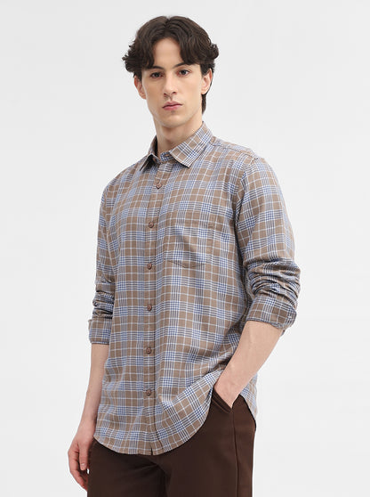 Kahki & Blue Checked Slim Fit Casual Shirt | JadeBlue