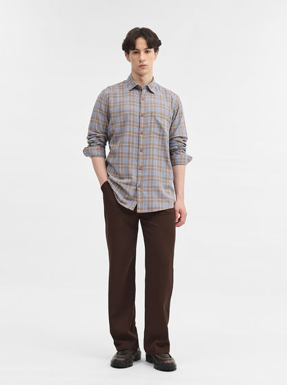 Kahki & Blue Checked Slim Fit Casual Shirt | JadeBlue