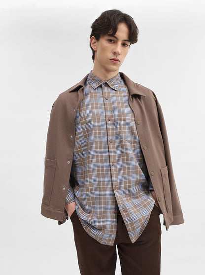 Kahki & Blue Checked Slim Fit Casual Shirt | JadeBlue