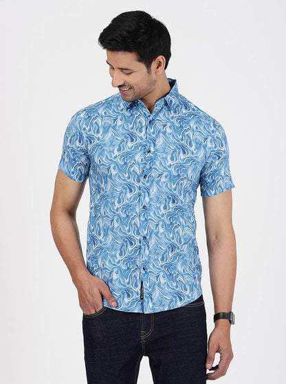 Blue Printed Slim Fit Casual Shirt | JadeBlue