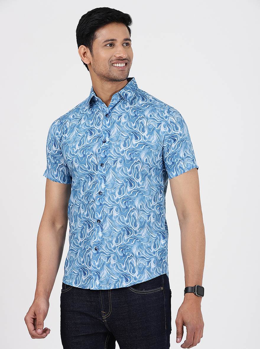 Blue Printed Slim Fit Casual Shirt | JadeBlue