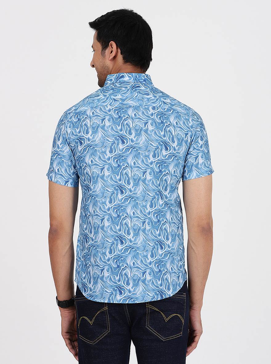 Blue Printed Slim Fit Casual Shirt | JadeBlue