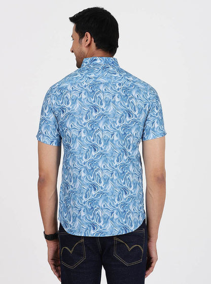 Blue Printed Slim Fit Casual Shirt | JadeBlue