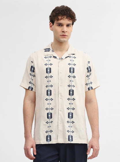 Beige & Blue Jacquard Slim Fit Casual Shirt | JadeBlue